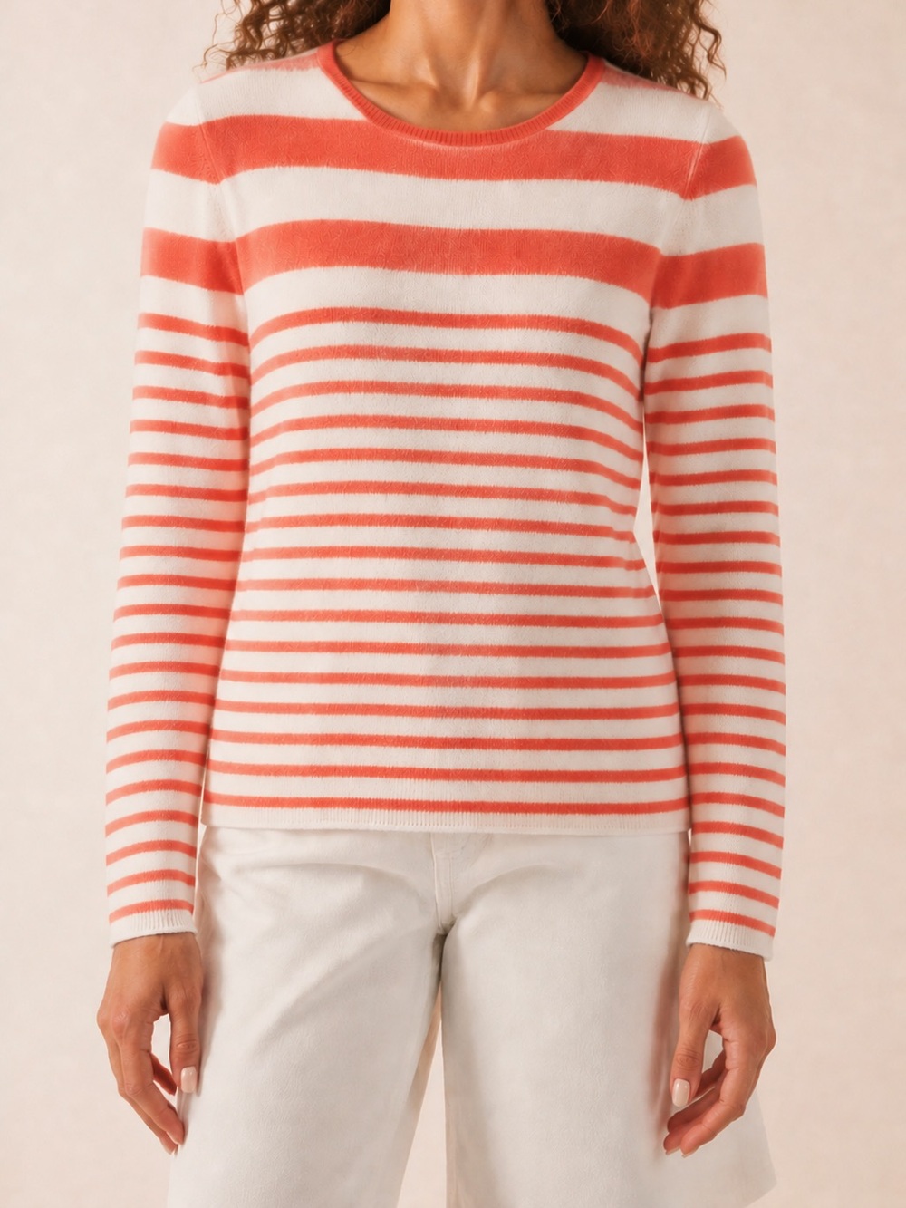 LORD & Taylor 100% Cashmere Salmon Pink & White Striped Crew Neck Sweater Size M